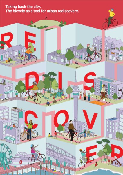 A lovely poster by Mitchell Bachmann-Fuller, illustrating the bicycle as a tool for urban rediscovery. 