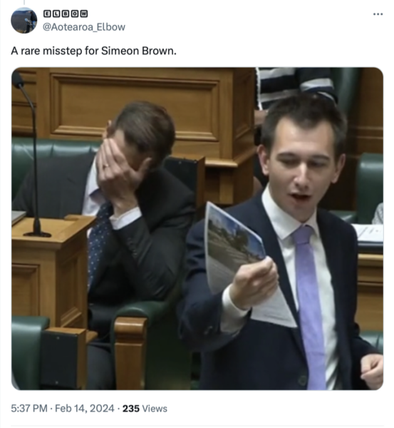 Screenshot of a tweet with an image showing Minister Simeon Brown in the House, apparently reading from a printed article. The text of the tweet is: "A rare misstep for Simeon Brown"