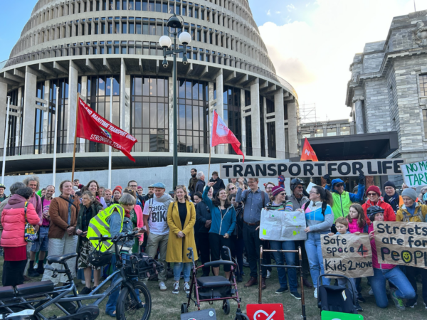 A diverse range of people gathered in front of Parliament to call for an overhaul of the Government Policy Statement, under the banner of Transport for Life